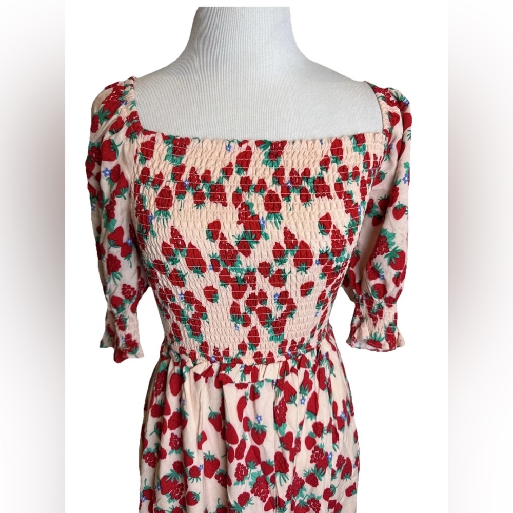 Betsey Johnson Dress XS Strawberry Fields Smocked Tiered Red Pink Cottage - Picture 2 of 12